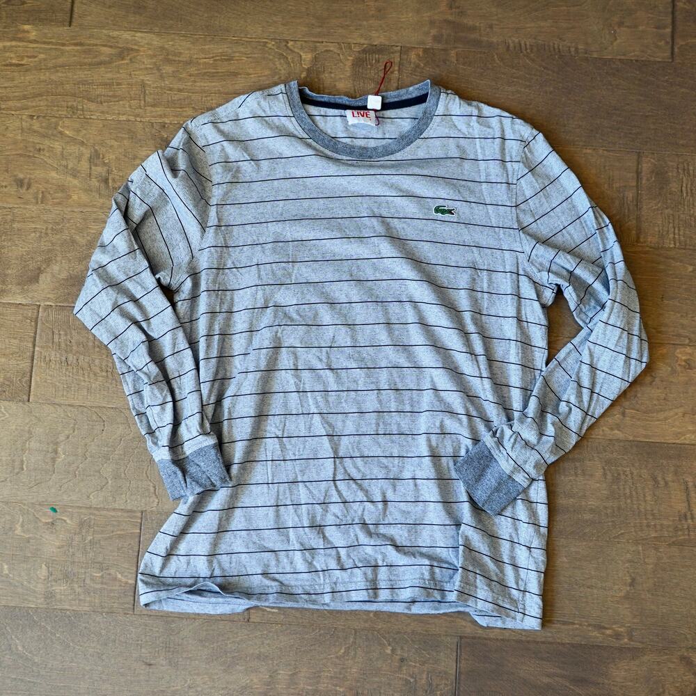 Lacoste Live Long Sleeve Tee Mens Sz 5 Gray Striped Cotton Croc Logo Shirt